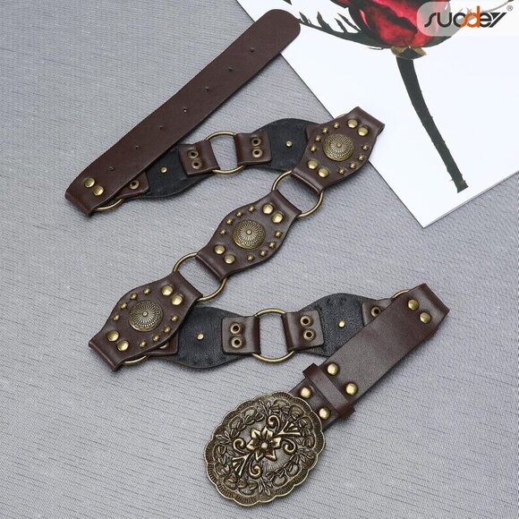 Western Leather Belt for Women Faux Leather Vintage Cowgirl Rivets Buckle main image 6
